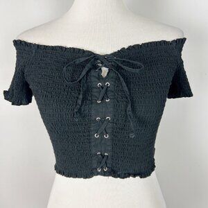 Women’s Y2K Cropped Lace Up Off The Shoulder Top Whimsigoth Size Medium